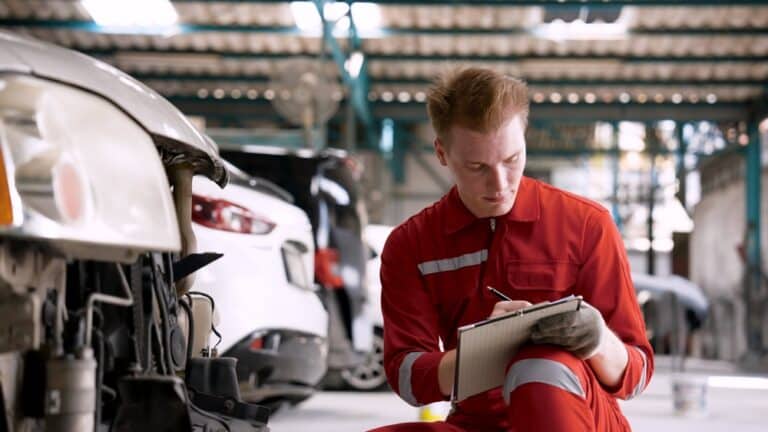 mechanic is checking front car, which enters garage in wrecked state, mechanic checks condition, writes it down in book, before taking it for repairs speed clearly know where repair.